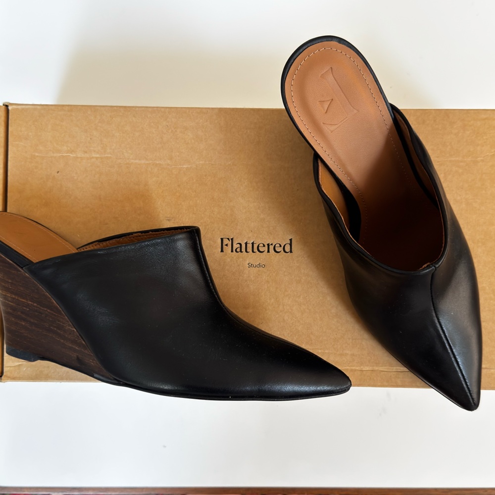 Flattered Black Leather Women's Wedge Mules